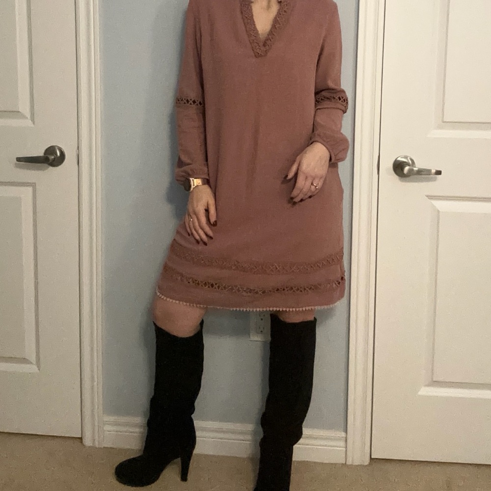 LAFFAIRE Los Angeles Linen Blend Boho Crochet Trim Dress